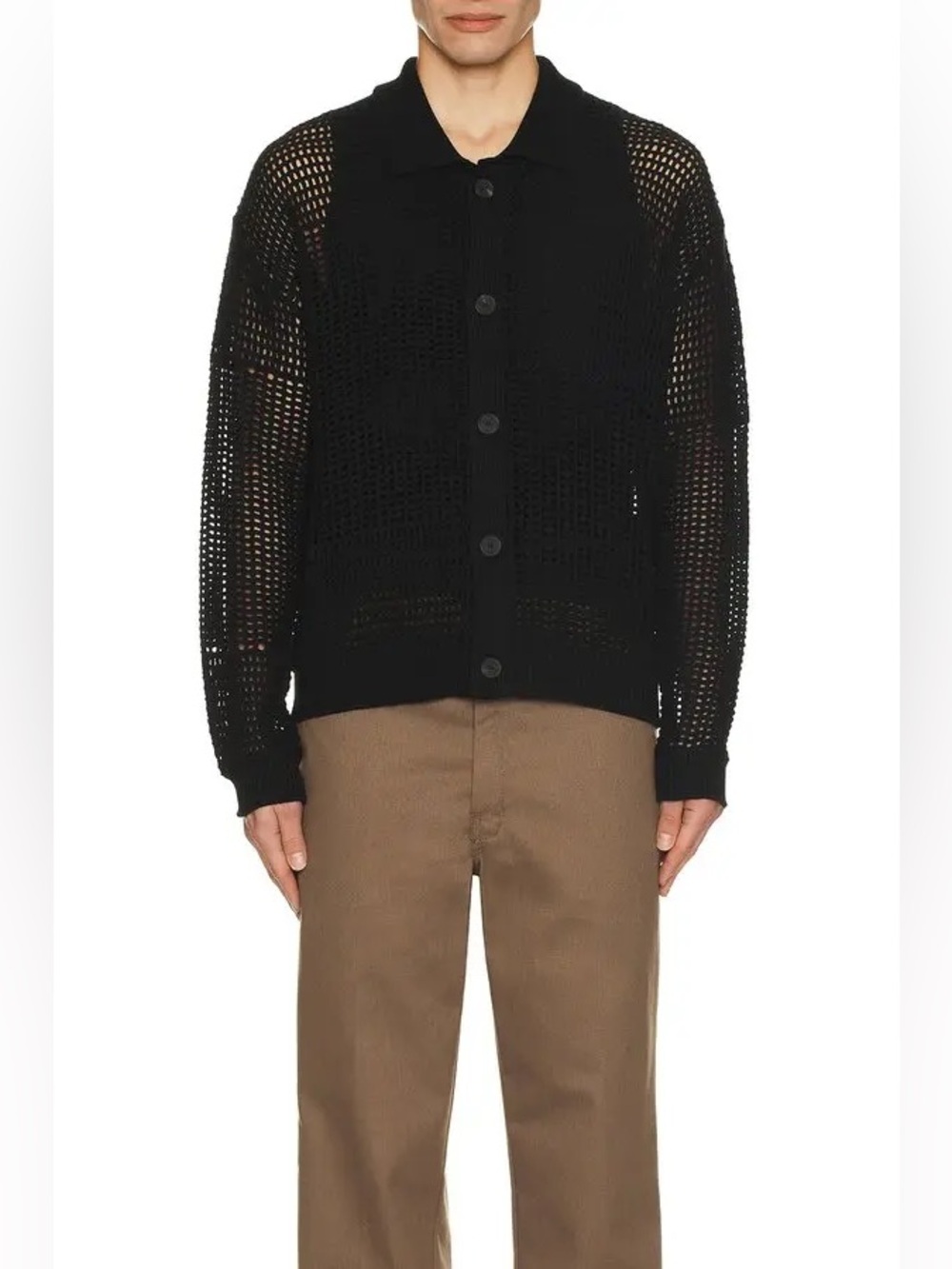 Frame Button-Up Tonal Crochet Cardigan Sweater Black, Sz Medium